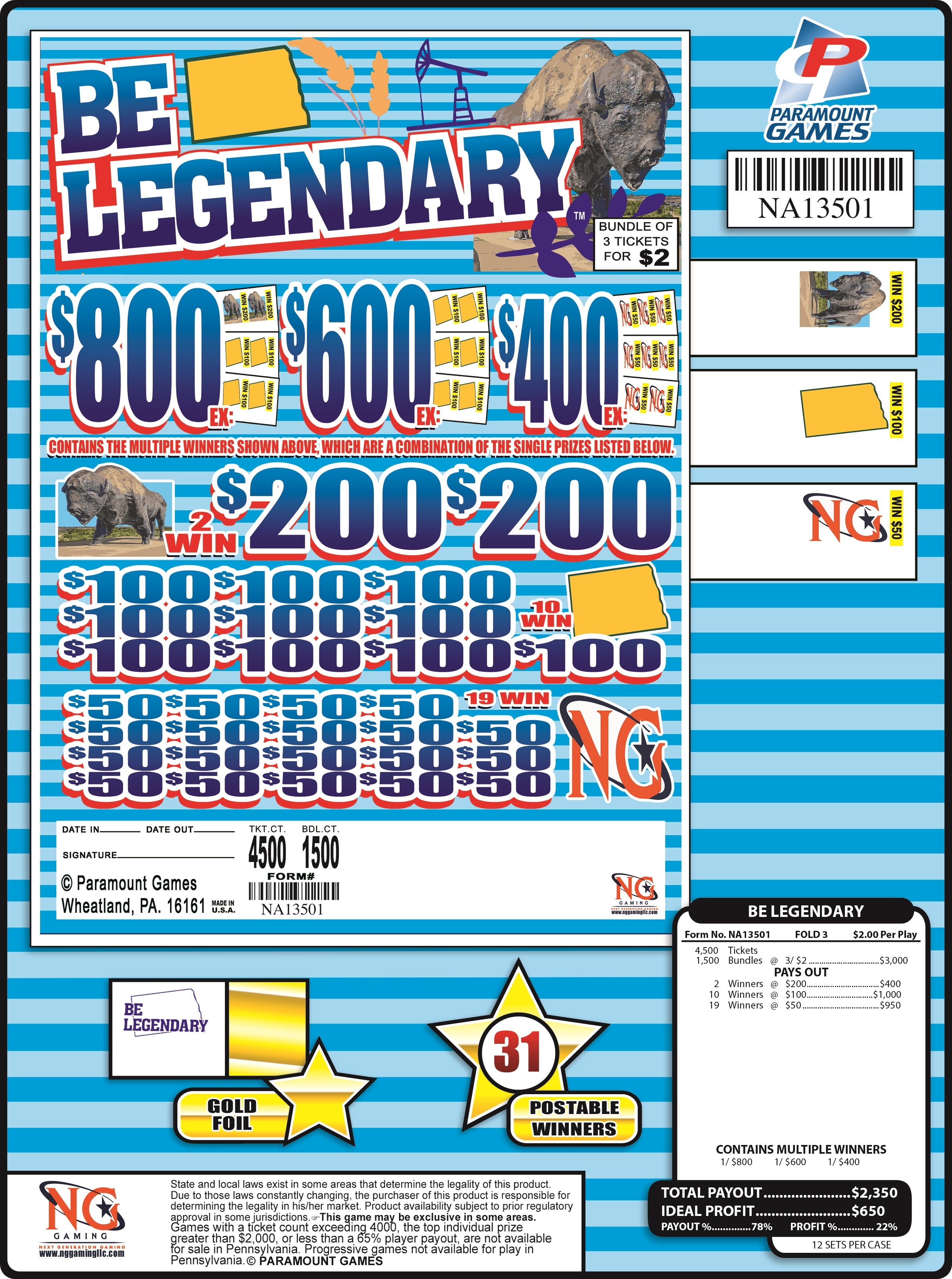 BE LEGENDARY #NA13501 $2 Jar Ticket